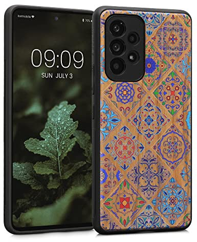 kwmobile Hülle kompatibel mit Samsung Galaxy A53 5G Hülle - Holz Case - Handy Cover - TPU Handyhülle in Mehrfarbig Braun Holz Marokkanische Fliesen