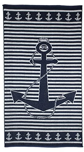 P.K. Collection Strandtuch aus 100% Baumwolle - Strandlaken 90x165 cm Frottee Qualität - hochwertiger Jacquard Druck (Ankerbordüre Blau)