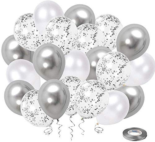 Luftballons Silber Weiß UNOEYSAT Helium Ballons Hochzeit 50 Stück 30 cm Silber Konfetti Metallic Weisse Latex Luftballon Set als Jungen Geburtstag Baby Shower Taufe Party Dekoration