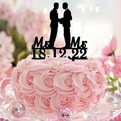 Acrylic Black Mr & Mr Silhouette Cake Topper Silhouette Two Grooms Beach Wedding Cake Topper Love Two Mens Wedding Decorations Custom Family Name Est Date Gay Wedding Engagement Gifts