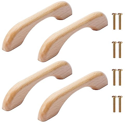 Tirador Madera 4Pcs Tiradores Madera de Muebles Tiradores para Cajones Armarios Cocina Madera para Muebles para Armarios, Longitud Total 126mm(Plano)