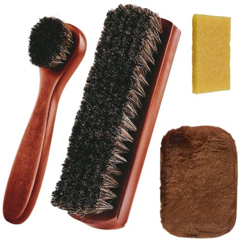 Flintronic Juego de 4 Cepillos para Zapatos, Cepillos Lustradores de Crin de Caballo y de Cabra, con Guante de Pulido y Borrador, Cerdas de Pelo Natural para Pulir Zapatos, Limpieza de Cuero, Muebles