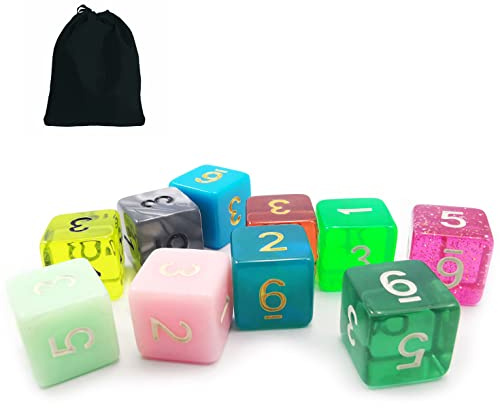 Bescon 10pcs Set of 6 Sided Dice (Numbered 1-6), 10 Count Assorted Random Multi Effected&Colored Pack of D6 in Drawstring Pouch