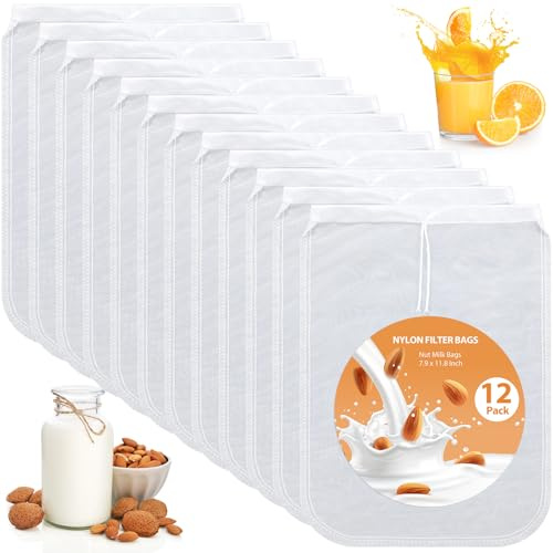 Tudomro 12 Pcs Nut Milk Bag Reusable Food Safe Nylon Bag Strainer Nut Milk Mesh for Straining Almond, Coffee, Juices, Yogurt, Soup and Doufu, 8 x 12 Inch
