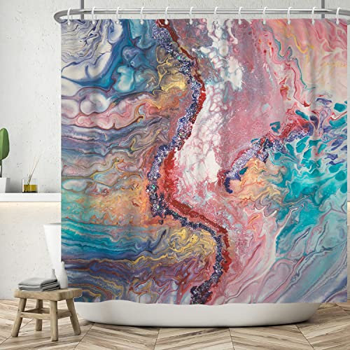 Ttincceer Tenda da Doccia Colorato Marmo per Bagno Rosa Blu Lusso Marmo Tende da Doccia con Ganci 180x180cm Astratto Moderna Bagno Decoratiove Tenda Impermeabile Tenda Vasca da Bagno Anti-muffa 