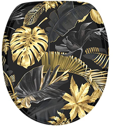 Sanilo Abattant WC, Grande sélection de lunettes de toilette noirs, Finition de haute qualité, Charnières robustes, Fixation facile (Golden Leaves)
