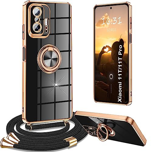 Yutwo Handykette Xiaomi 11T Hülle mit Band - Stoßfeste Schutzhülle mit Ständer, Schwarz