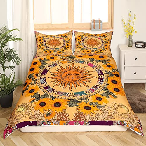 Gelbe Sonne und Mond Tröster Abdeckung Set 135x200,Sonnenblume Bettbezug Vintage Indische Boho Floral Bettwäsche Bunte Mandala Paisley Bettwäsche Exotische Konstellation Ästhetische Zimmer Dekor