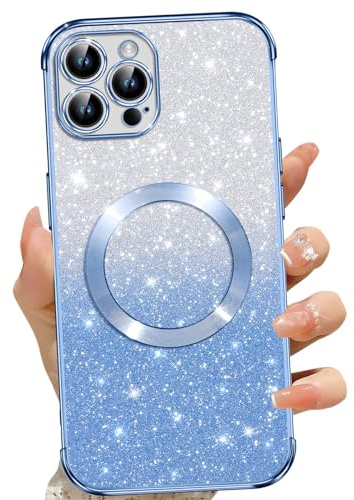 Phoona für iPhone 12 Pro Max Hülle, Magnetisch Handyhülle Kompatibel mit MagSafe, Keine Vergilbung, Kratzfeste, Ganzkörperschutz Glitzer Hülle für iPhone 12 Pro Max, Mit 2 Schutzfolie, Blau