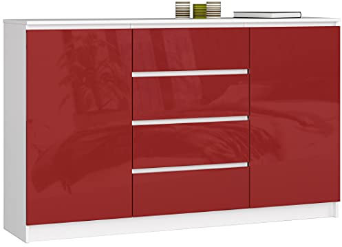 AKORD Kommode K 160 cm | 4 Schubladen und 2 Türen | für Wohnzimmer Schlafzimmer Schrank Wohnzimmer | Modernes Funktionelles Design | 16mm laminierte Platte | Farbe Rot Glanz
