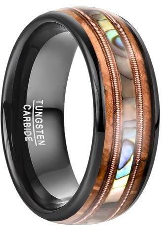 NUNCAD 8mm Herren Ring mit Holz und Abalone-Muschel Inlay Schwarzer Wolfram Ring für Hochzeit Verlobung Größe 60