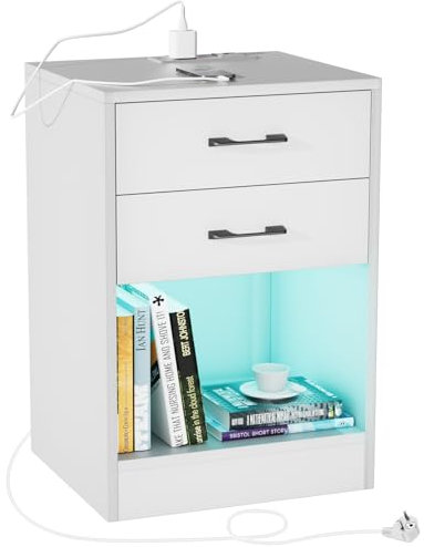 Table de Chevet avec LED,Table d'Appoint avec Station de Charge, 2 Ports et 2 Prises USB Table de Nuit, 2 tiroirs et 16 Couleurs Lumières LED pour Salon,Chambre à Coucher 40x35x60cm