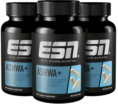 ESN Ashwa +, Ashwagandha hochdosiert, patentiertes KSM 66®, 3 x 120 Kapseln | Mit Magnesium, Vitamin B6 & Zink - made in Germany