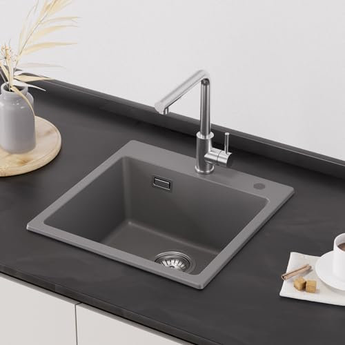 CECIPA Spüle Granit Grau 45x45cm, Waschbecken Küche Eckig, Spülbecken Küche, Granitspüle Grau, Moderne Küchenspüle Set, Einbauspüle Granit für Küche, Graue Spüle Küche Mit 2 Hahnlöcher, 1 Becken