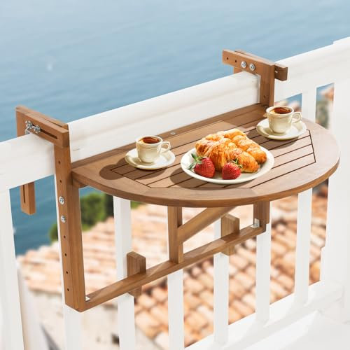 IDZO Balkon-Bartisch aus FSC-Akazienholz, zusammenklappbar, Höhe und Breite, Teak-Bürsten-Oberfläche, langlebig gegen Wetter, ideale geräumige Maße von 60 x 54 cm, rechteckiges Design
