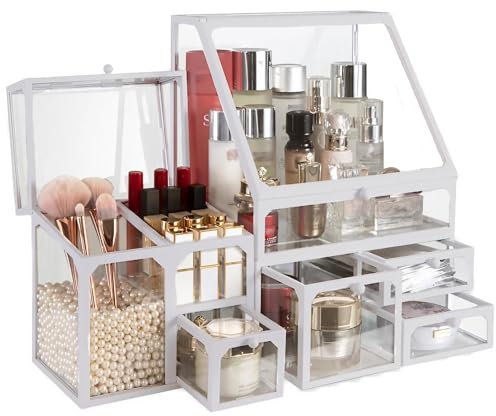 Kelsin Boîte de Rangement de Cosmétiques en Verre Maquillage Rangement avec Perle en Tiroirs Grande Capacité Organisateur Maquillage pour Pinceau, Rouge à Lèvres de Salle de Bain