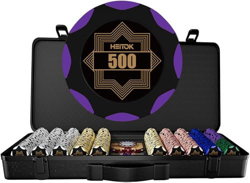 HEITOK Clay Poker Chip Set for Texas Hold’em, 500-pcs with Denominations Professional 14g Casino Blackjack Set, a high-end Carrying case with LeaTher Interior Design and German Polycarbonate Shell