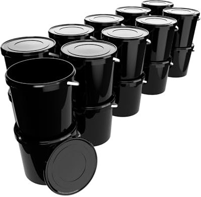50 Eimer mit Deckel 10l Schwarz Rund | Kunststoff Eimer Lebensmittelecht, luftdicht und stabil | Leer Eimer mit Griff und Deckel für Lebensmittel Chemie Waschpulver Klebstoffe geeignet