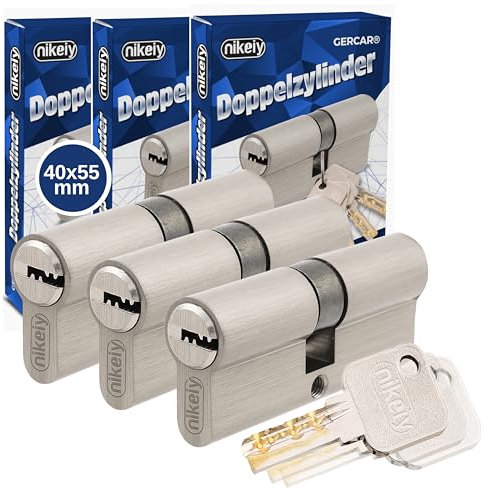 GERCAR Pro Profilzylinder 40/55 Massiver Schließzylinder gleichschließend 3er Set Doppelzylinder Zylinderschloss - Messing matt - inkl. 10 Schlüssel - Wendeschlüssel - Länge: 95 mm, A:40 B:55-3x