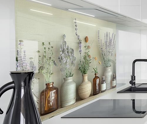 timalo Spritzschutz Wand für Herd, Küche Küchenrückwand Glasoptik | Acryl Glas 2mm | Glasrückwand Acrylglas Wandpaneele Rückwandschutz Platte | 100x50cm Vintage Trockenblumen Gewürze Lavendel