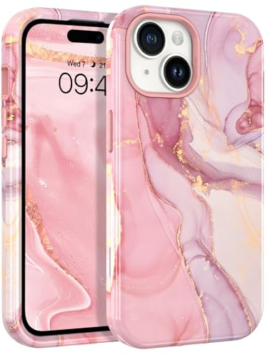 BENTOBEN for iPhone 13 & iPhone 14 Case, iPhone 13/14 Marble Pattern Phone Case, 3 in 1 Full Body Protective Slim Hybrid Shockproof Soft Silicone + Hard PC Rugged Heavy Duty Girls Women, Pink