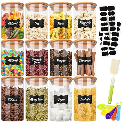 TEGOVE 12x Vorratsgläser mit Deckel Set 8x 430 ml, 4x 750 ml,Vorratsdosen Glas mit Deckel luftdicht,Glasbehälter mit Deckel für Lebensmittel Spagetti,Mehl,Kaffeebohnen,Getreide und Bohnen
