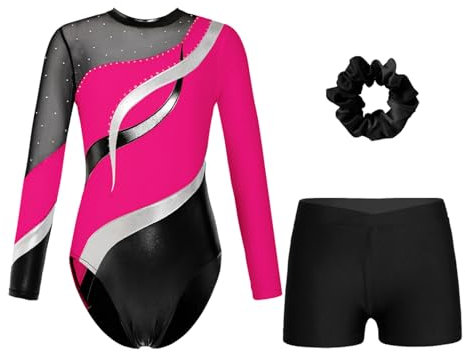 Oyolan Mädchen Kinder Gymnastikanzug Turnanzug Glitzernde Gymnastikbody Langarm Turntrikot mit Kurze Hose Tanzkostüm Hot Pink & Schwarz B 146-152