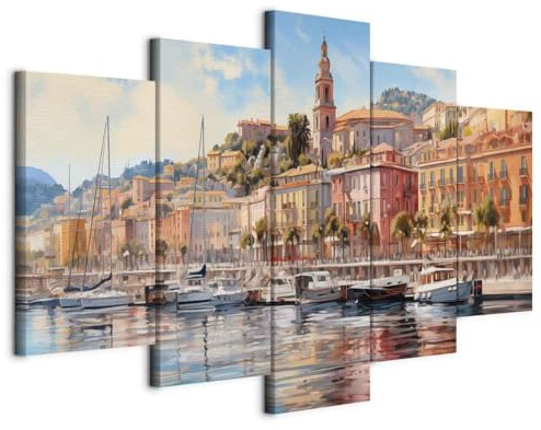 murando - Leinwandbild Genua Hafenstadt Boot, 200x100 cm, 5-teilig, modern | Hochwertige Leinwand, sofort aufhängbar, ideal fürs Wohn- oder Schlafzimmer, wasserfest und lichtecht, langlebig, stilvoll
