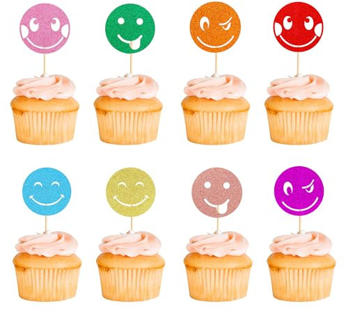 Arthsdite Cupcake-Topper mit lächelndem Gesicht, bunt, glitzernd, mit Stern, Blitz, Y2K, 2000er Jahre, Rosa, Party, Junggesellinnenabschied, Cupcake-Picks für adrette Y2K-Themen,