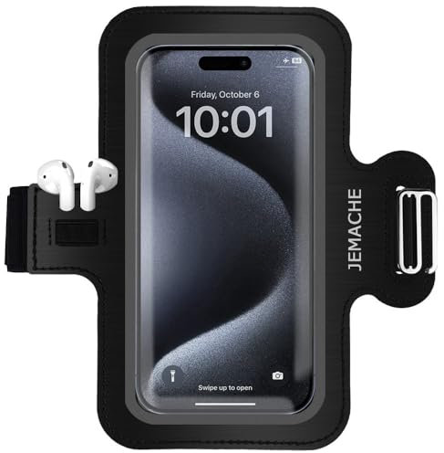 JEMACHE Running Minimalism Designed Cell Phone Armband for iPhone 16 15 14 13 12 11 Pro Max, Samsung Galaxy S24 S23 S22 S21 Ultra/Plus with Airpods Holder (Black, L)