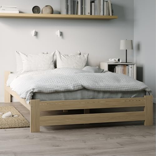 Holzbett 140x200 cm mit Lattenrost Modern Bett Bed Kiefer Massiv Bettgestell Doppelbett Massivholzbett Klassisch | Komfortabel & Langlebig | Skandinavisch Boho Landhaus Kopfteil flach natur