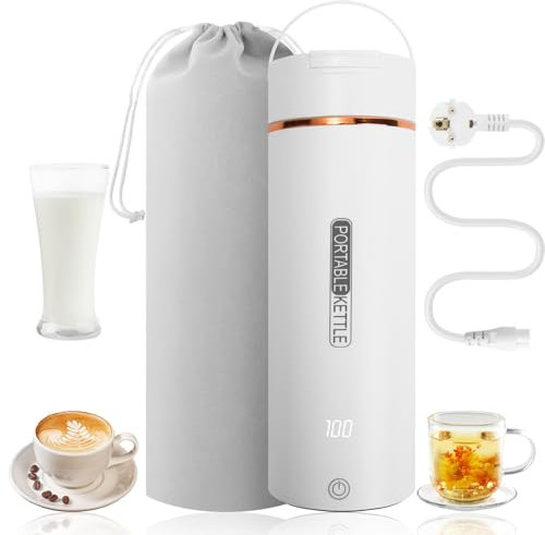 Lottsall calentador de agua portatil, hervidor agua electrico, 450ml hervidor de viaje, materiales inoxidables, apagado automático, para hacer leche, café y té
