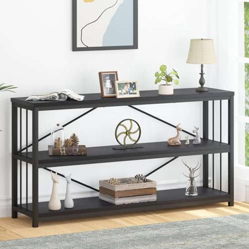 Mudmasa Konsolentisch Holz, Bücherregal mit 3 Ebenen, Multifunktionsregal Großer Konsolentisch Schmal Flurregal Für Wohnzimmer, Schlafzimmer, Schwarz, 34x178x74 cm