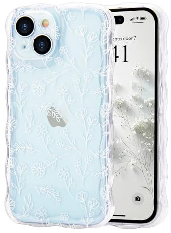 Micoden Cute Curly Wave Case for iPhone 15,Clear with Anti-Yellowing Flower Floral,Soft TPU Slim Bumper Shockproof Anti-Scratch Protective Wavy Cover for Girls Women-White