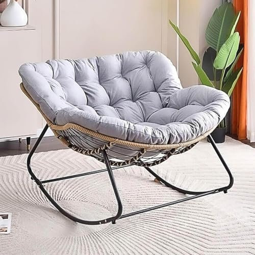JWSYBD Outdoor Rocking Chair Ergonomic Wicker Papasan Chair Indoor Rattan Wicker Lounge Chair with Soft Thick Cushio for Living, Bedroom, Reading Room,Outdoor (Light Gray)