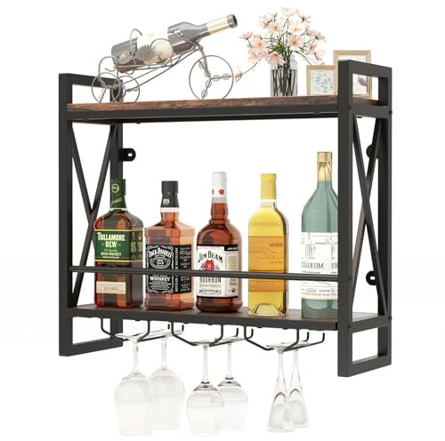 COSTWAY 2 Ebenen Weinregal Wand, Flaschenregal Holz mit Metallrahmen, mit 3 Reihen Weingläserhalter, Industrial Design, ideal für Zuhause, Bar, Küche, Restaurant, 60 x 20 x 55 cm