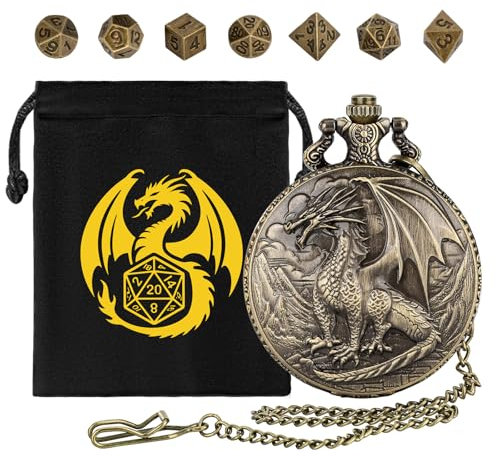 Mini DND Würfel Set, mit Steampunk Stehender Drache Taschenuhrgehäuse, 7-teilige Polyedrische Metall D&D Würfel, DND Geschenke mit Drachen Logo, Geschenktasche, Rollenspiel, Brettspiel-Zubehör, Bronze