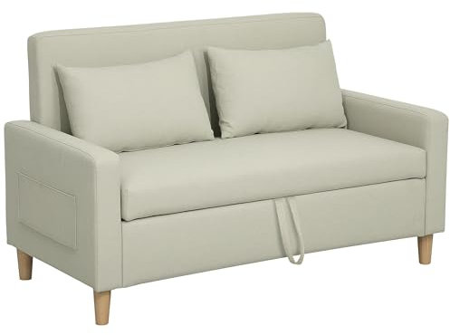 HOMCOM Sofá de 2 Plazas Tapizado en Lino Sintético con Espacio de Almacenamiento Oculto Sofá de Salón con 2 Almohadas Bolsillo y Patas de Madera Carga 240 kg 135x72x84 cm Beige