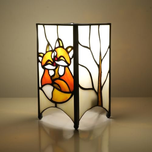 NUODITOS Orange Füchse Tier Nachtlicht Kleine Tiffany Stil Glasmalerei Tischlampe Mini Retro Akzent Licht Einzigartige Hand-Made Nachttischlampe für Home Decor Jungen Mädchen Geschenke