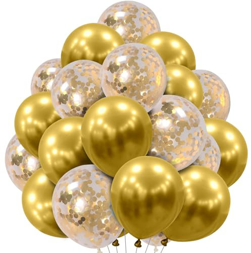 Ovanda Gold Luftballons Geburtstagsdeko, 20 Stück Hochzeitsdeko 12 Gold Zoll Latexballons mit Konfetti Ballons Set für Mädchen Junge Geburtstag Baby Shower Hochzeit Jugendweihe Party Deko
