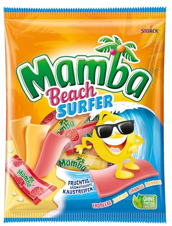 Mamba Beach Surfer, Kaustreifen mit Fruchtgeschmack - 1 x 160 g | Leckerer Süßigkeiten Mix, softe Bonbons in 4 fruchtigen Sorten Erdbeere, Banane, Orange & Zitrone, einzeln verpackt