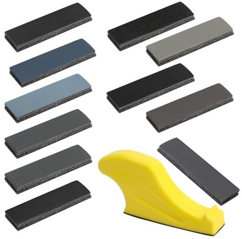 DAWRIS Lot de 75 feuilles de papier abrasif sec et humide Grain 120 à 5000 Papier abrasif fin pour bois, peinture de voiture, métal, pierre, verre, 9 x 3 cm Papier abrasif à eau avec bloc de ponçage