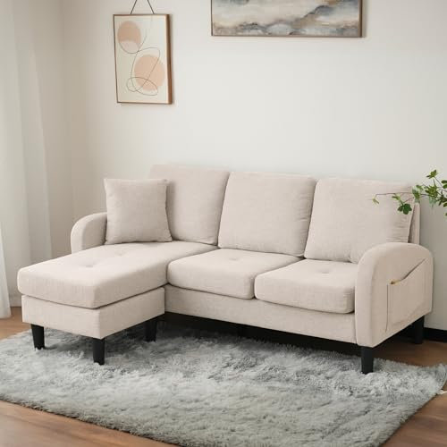 Arhatreya 3 Sitzer L-förmiges Ecksofa mit Chaiselongue, 3er Sofa Gästesofa Modern Couch, Kunststoffbeine, Polstersofa für Wohnzimmer, Apartments, Wohnung, Büros, Baumwoll-Leinenstoff, Beige