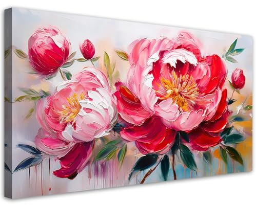 Feeby Wandbild - Wohnzimmer Modern Deko - Blühende rosa Pfingstrosen Blumen - 100x50 1tlg - Bilder Leinwand - Bild auf Leinwand Schlafzimmer - Leinwandbilder für die Wand - Canvas Painting - Fotokunst