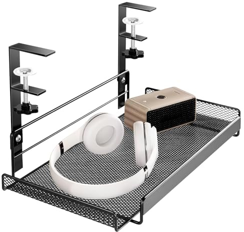 Under Desk Cable Management Tray, No Drilling Under Desk Organiser Tray, Adjustable Metal Cable Tidy Box for Wire Management, Black, 1 Pack