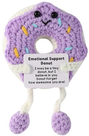 TOYMIS Gehäkelter Donut, Süße Lila Und Weiße Lange Beine Positive Donut Puppe mit Inspirierender Karte Handgemachte Positive Affirmation Häkelspielzeug Geschenk für Frauen und Männer