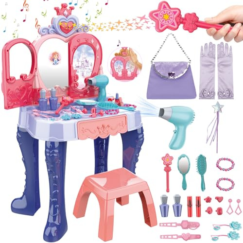 deAO Schminktisch Spielset für Kinder mit Hocker & Schminkset, Schminke Frisiertisch für Mädchen mit Licht Musik, Öffnen Sie die Tür per Induktion, Kinderschminke Set für Mädchen ab 3-8 Jahren - Blau