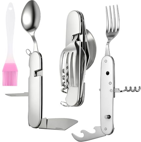 VOSSOT Cubiertos Camping Plegables 6 en 1 Acero Inoxidable, Juego de Cubiertos Multifuncionales Cuchillo, Tenedor, Cuchara, Abrebotellas y Pincel BBQ, Kit Portátil para Picnic, Senderismo, Viaje