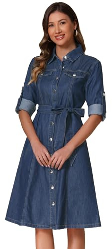 Allegra K Damen Denim Hemdkleid Langarm Knopfleiste Gürtel Jeanskleid