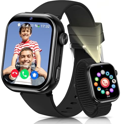RUXINGX 4G Reloj Inteligente Niño, IP68 Impermeable Smartwatch Niños con GPS y Llamadas, Videollamada, Chat de Voz, SOS, Negro